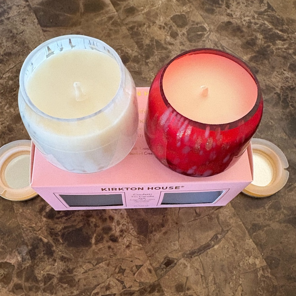 Kirkton House NWT Confetti Tin Candle Set of 2. Red/ Hazelnut & White/ Vanilla - Picture 2 of 6